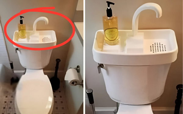 In Japan, the sink is built above the toilet for washing hands for what purpose?