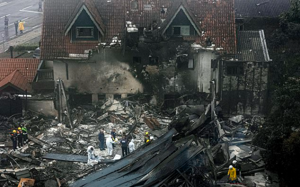 Scene of the plane crash that killed everyone on board and injured many people on the ground in Brazil