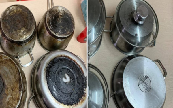 Stainless steel pots are yellowed and burnt black